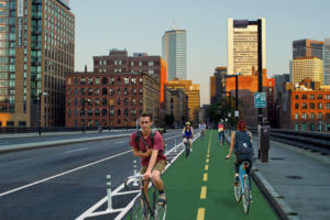 A rendering of the future cycletrack on Summer Street, created by the Boston Cyclists Union.