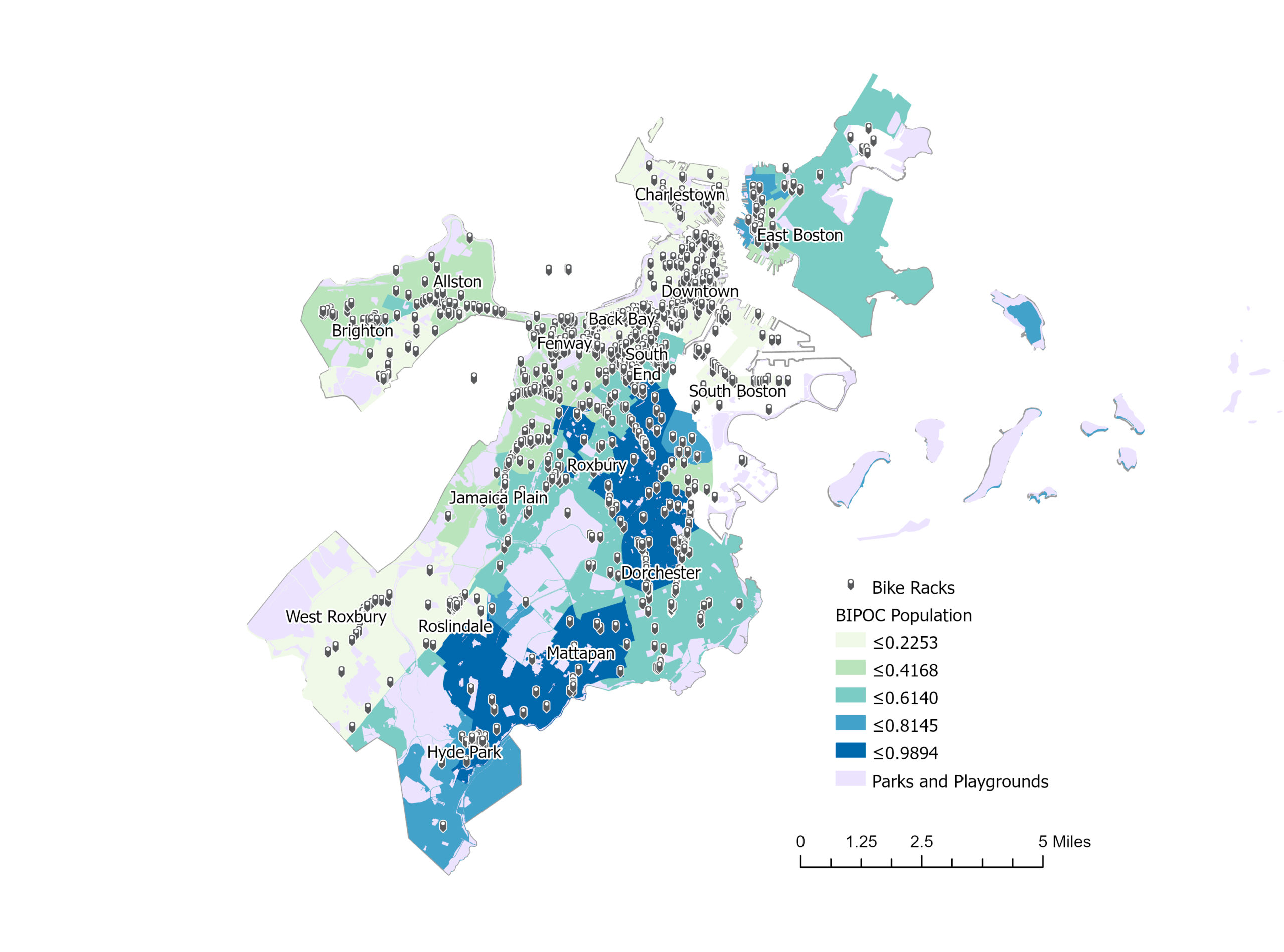 Bike racks mapped against BIPOC population