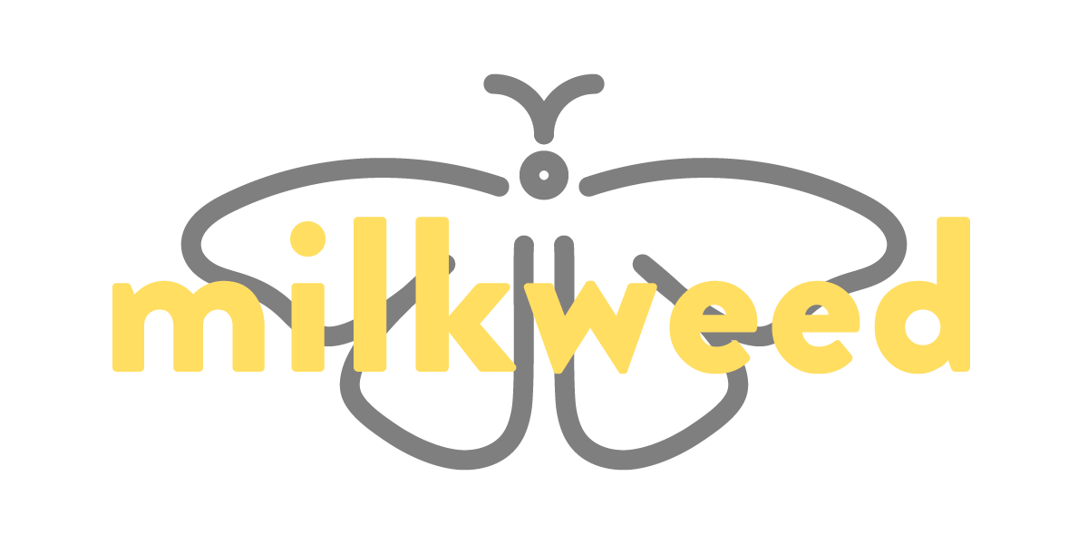Milkweed logo: a grey moth with the word milkweed in yellow written across it