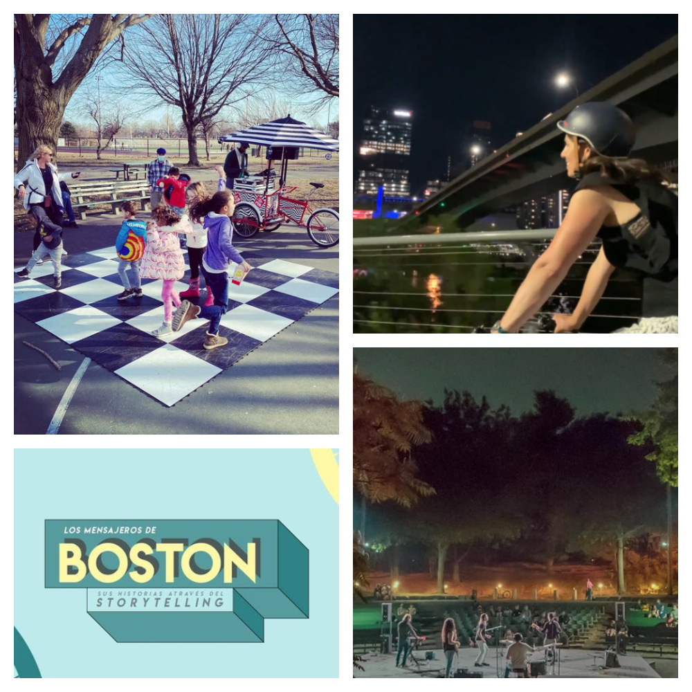 A collage featuring four photos: children dancing on a checkered dancefloor outdoors, with a tricycle outfitted with DJ equipment in the background; a women biking in an urban setting at night, a band performing at an outdoor amphitheater under the stars, and a poster that reads ''Los mensajeros de Boston: sus historias a través del storytelling