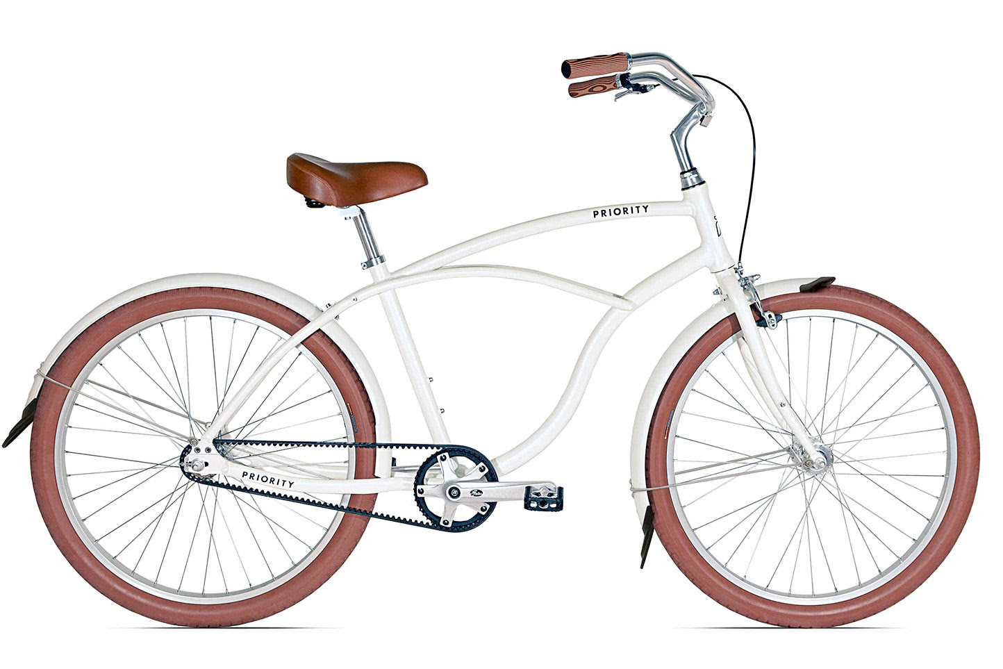 A Priority-brand white beach cruiser bicycle with brown leather accents.