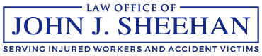 Logo in blue which reads Law Office of John. Sheehan, subtext Serving Injured Workers and Accident Victims