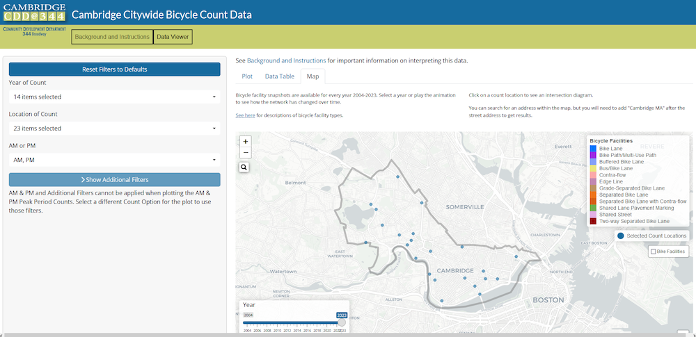 A screenshot of the Cambridge Citywide Bicycle Counts Data. This shows dots where bike counters are, with data going back to 2003. These dots aren't sized by count, and are all the same size.