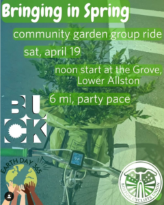 Bringing in Spring / Community Garden Group Ride / Saturday April 19 Noon, 6 miles / party pace / start at the Grove in Lower Allston across Trader Joes