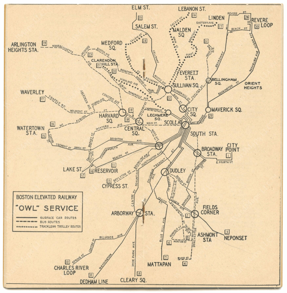 An old, more geographically accurate Boston transit map shows elevated railway and streetcar routes twist and turn along the streets and rivers they follow.