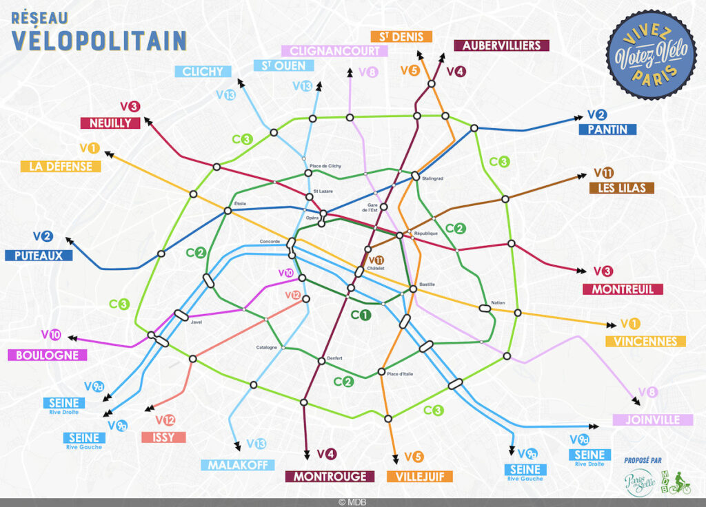 The Paris en Selle réseau vélopolitain shows 10 proposed micromobility routes through and around Paris styled like metro lines.