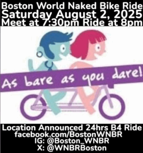 world naked bike ride graphic with two bikers on a tandem but no clothes showing and "as bare as you dare" banner over places normally covered by clothes
