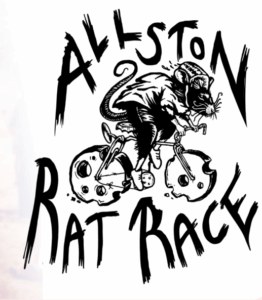 Logo for Allston Rat Race with a scraggly and adorable cartoon rat in a bike helmet riding a bike with wheels made of cheese. Very punk rock and DIY and fun