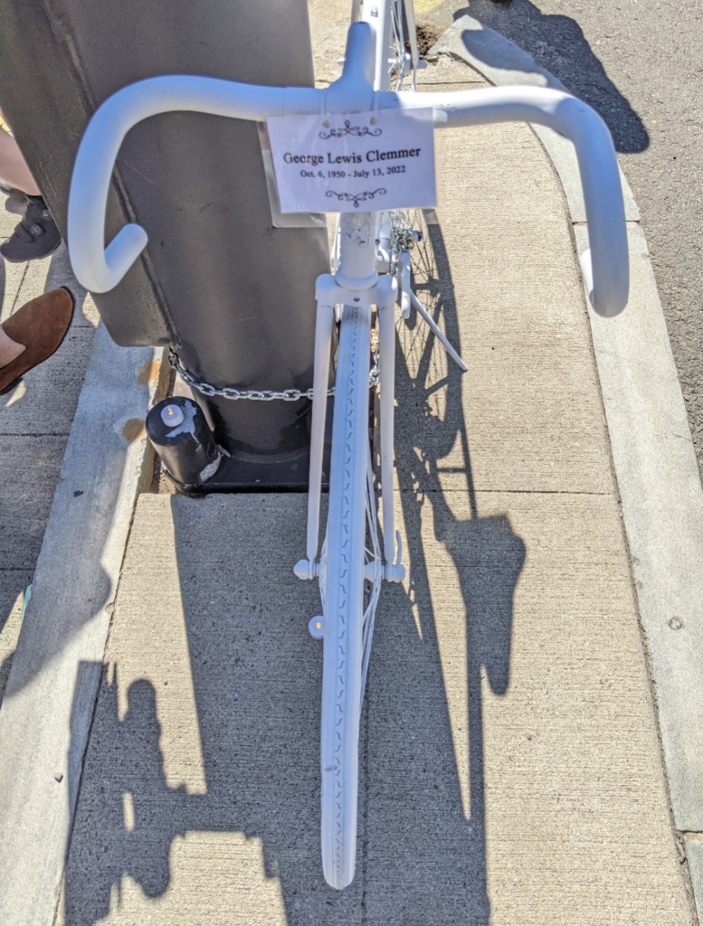 Ghost bike freshly painted and installed to honor the death of George Clemmer
