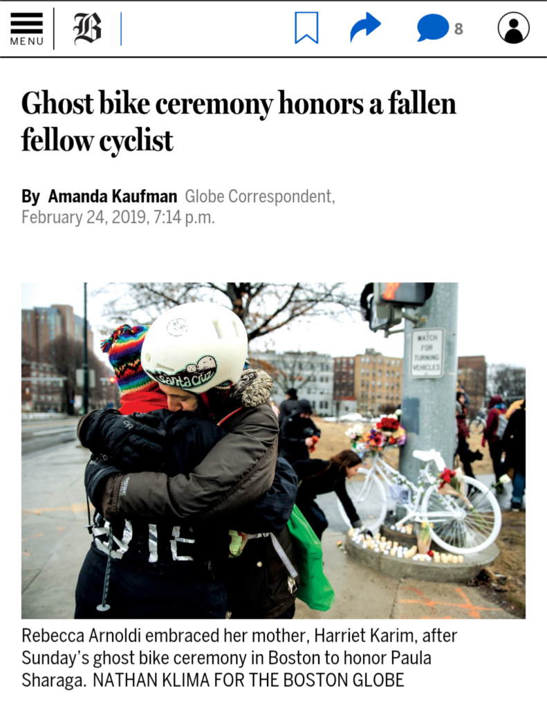 Boston Globe headline: "Ghost bike ceremony honors a fallen fellow cyclist" from February 2019, with 2 women embracing and a ghost bike dedicated behind them in the Fenway