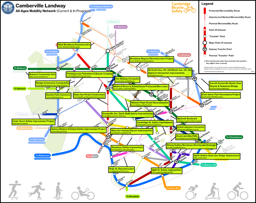 Landway map which looks like a subway map but connects different neighborhoods or intersections in Cambridge/Somerville. You can see call outs where different projects are on the project tracker and you can click those for more information